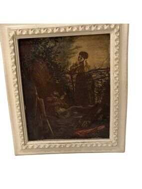 Vintage Embossed Art Etched On Acrylic  Print In Wood Frame